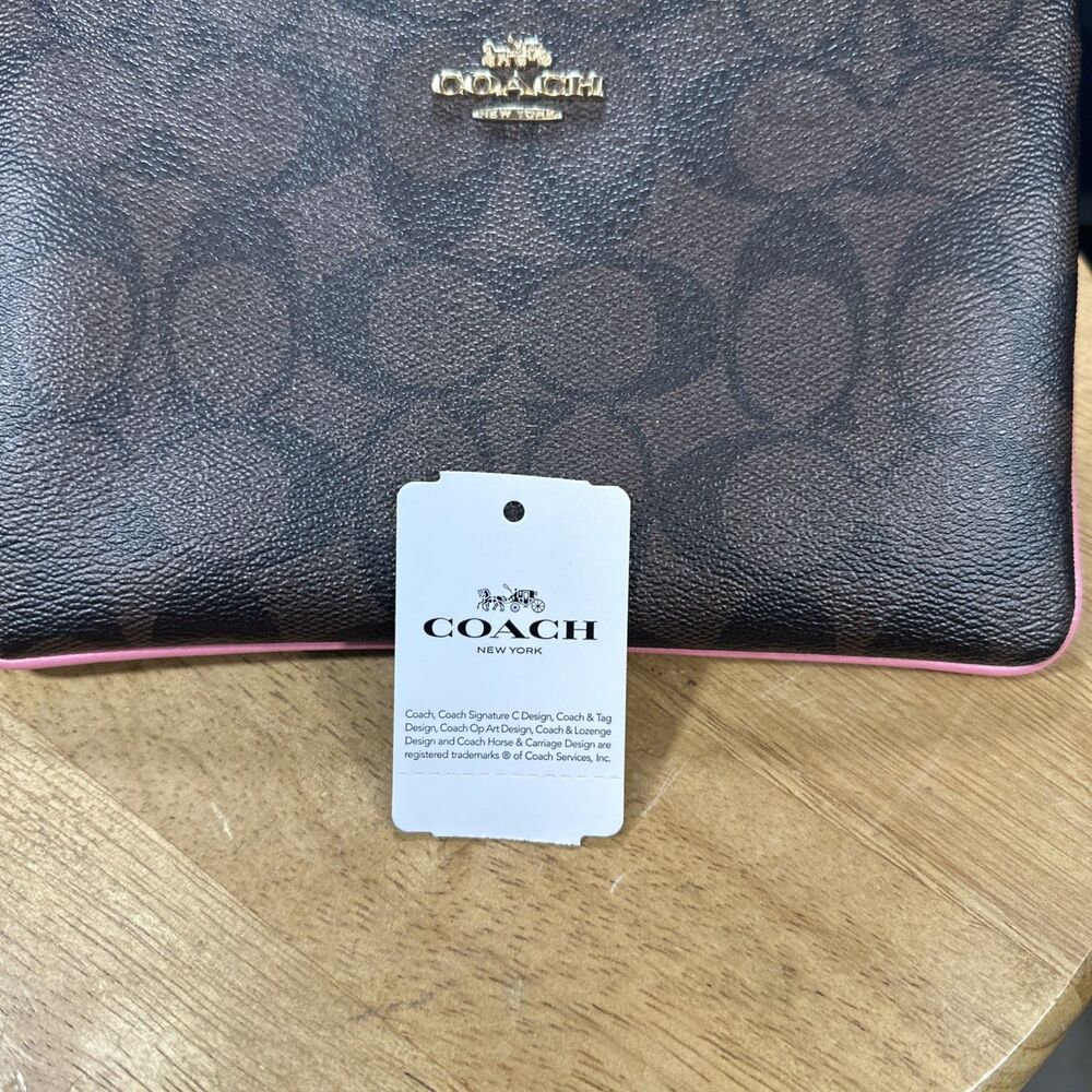 Coach Signature Canvas Khaki Brown Pink Large Corner Zip Wristlet F58695 - Picture 2 of 7